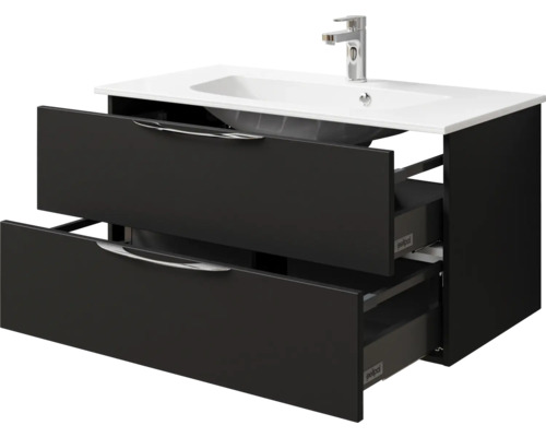 Meuble sous-lavabo avec deux tiroirs ouverts