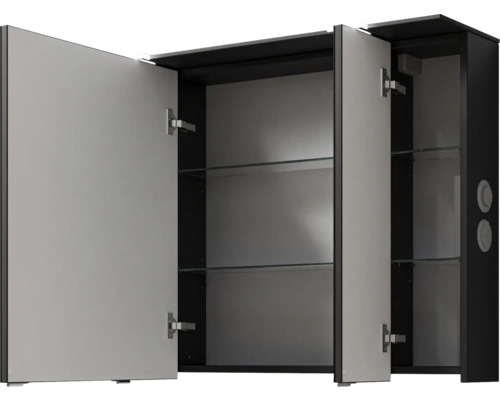 Armoire de toilette ouverte avec étagères en verre