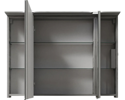 Armoire de toilette ouverte avec étagères en verre