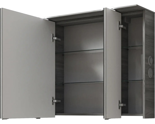 Armoire de toilette ouverte avec trois portes et étagères en verre pour la salle de bain