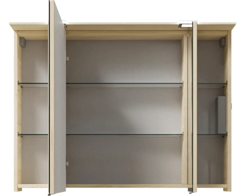 Armoire de toilette ouverte avec trois portes et étagères en verre