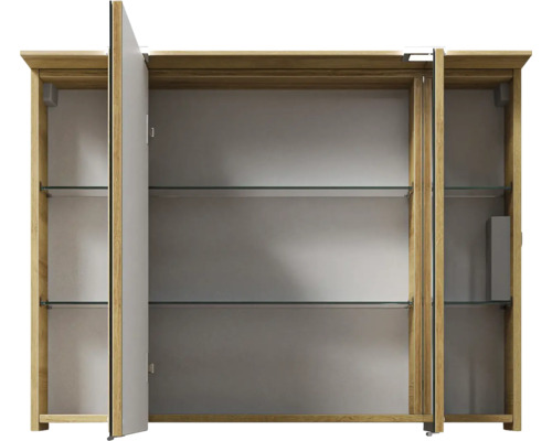 Armoire de toilette ouverte avec cadre en bois et étagères en verre