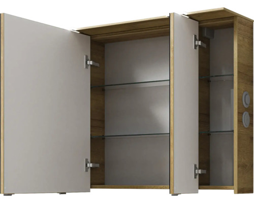 Armoire de toilette avec deux portes ouvertes et étagères en verre