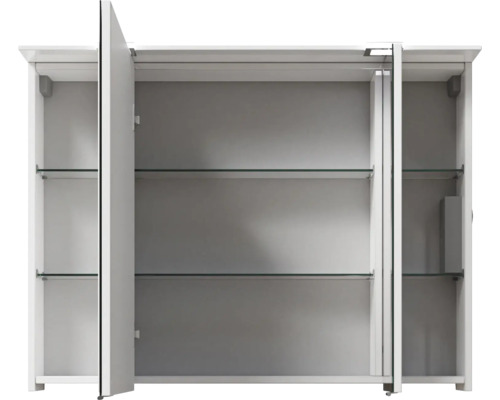 Armoire de toilette à trois portes ouverte avec étagères en verre