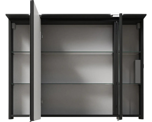 Armoire de toilette ouverte avec étagères en verre