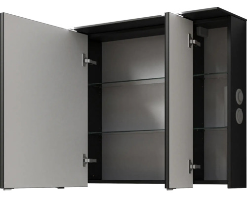 Armoire de toilette ouverte avec étagères en verre