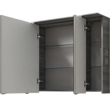 Armoire de toilette ouverte avec structure en bois et étagères en verre pour la salle de bain