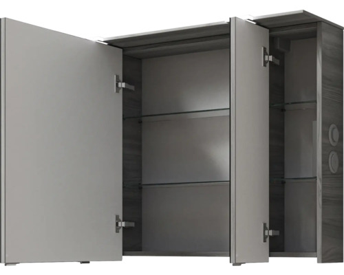 Armoire de toilette ouverte avec structure en bois et étagères en verre pour la salle de bain