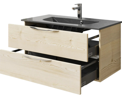 Waschtischunterschrank mit zwei offenen Schubladen und Aufsatzwaschbecken