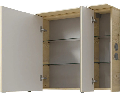 Offener Spiegelschrank aus Holz mit Glasablagen