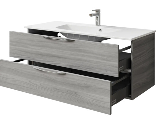 Waschtischunterschrank mit zwei Schubladen, Holzdekor und Keramikwaschbecken