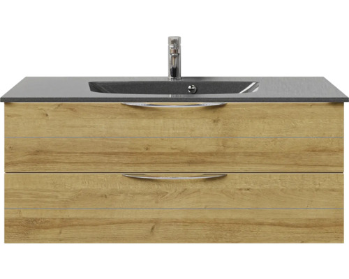 Meuble sous-lavabo avec deux tiroirs, un plan de toilette et un lavabo