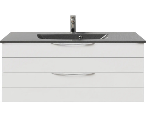 Meuble-lavabo avec plateau gris, tiroirs blancs et robinetterie