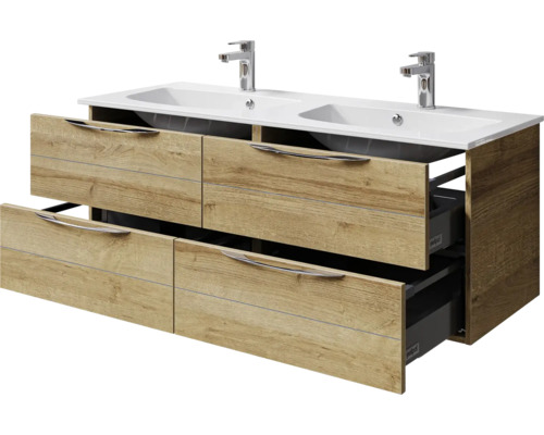 Waschtischunterschrank mit zwei Waschbecken und Holzdekor sowie Schubladen