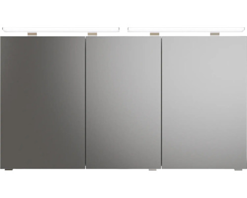 Armoire de toilette avec trois portes et éclairage intégré pour la salle de bain.