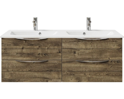 Waschtischunterschrank mit zwei Waschbecken und Holzoptik