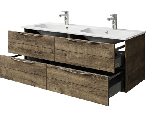 Waschtischunterschrank mit zwei Waschbecken und Schubladen in Holzoptik