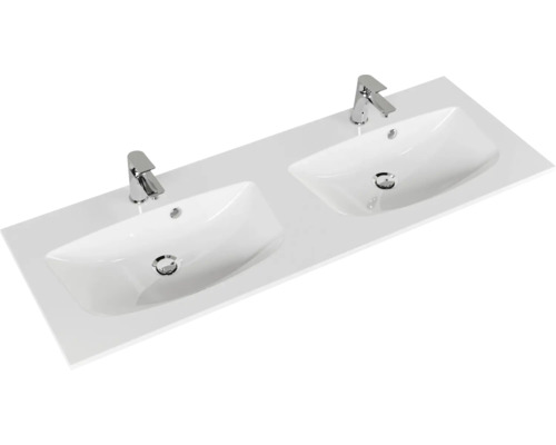 Doppelwaschtisch mit zwei Waschbecken und Armaturen