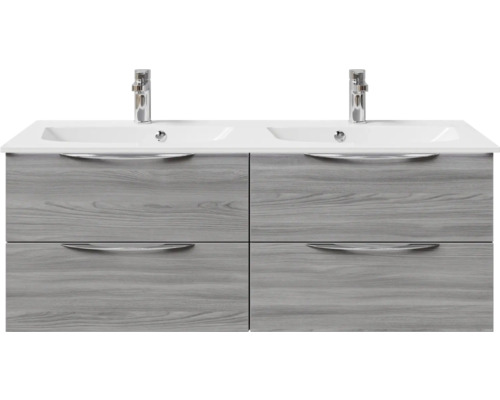 Waschtischunterschrank mit zwei Waschbecken und vier Schubladen in Holzoptik