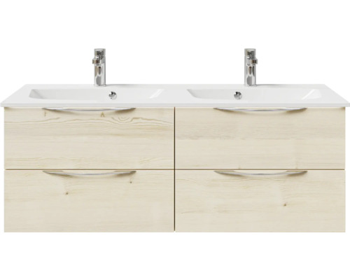 Meuble sous-lavabo avec quatre tiroirs, deux lavabos et deux robinets
