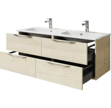 Waschtischunterschrank mit zwei Waschbecken, Schubladen und Metallgriffen