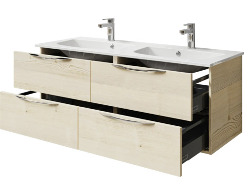 Meuble sous-lavabo avec deux lavabos, tiroirs et poignées en métal