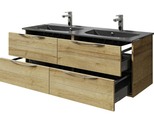Waschtischunterschrank mit zwei Waschbecken, Armaturen und Schubladen in Holzoptik