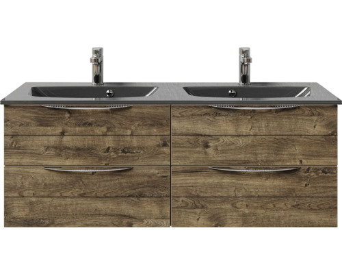 Meuble sous-vasque avec deux lavabos et quatre tiroirs au design bois