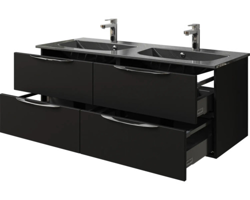 Waschtischunterschrank mit zwei Waschbecken, vier Schubladen und Metallgriffen