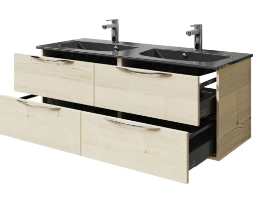 Waschtischunterschrank mit zwei Waschbecken und offenen Schubladen