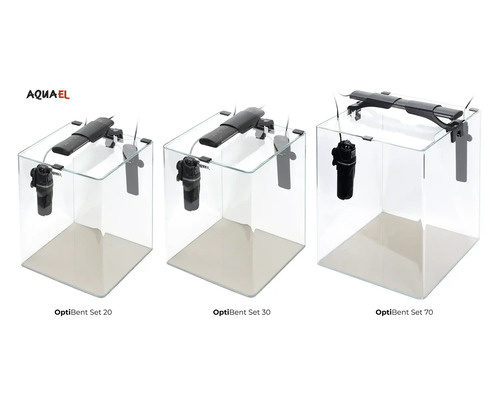 Drei Aquael OptiBent Aquarium Sets mit Beleuchtung und Filter