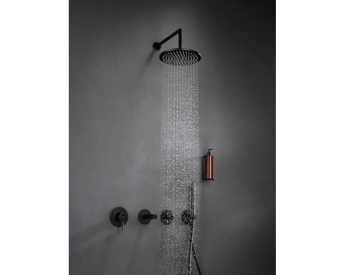 Système de douche avec douche de tête et douchette à main sur un mur gris
