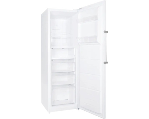 Congélateur blanc avec porte ouverte et compartiments intérieurs