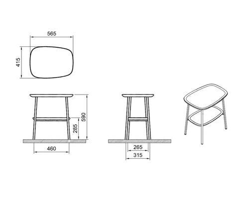 Dessin technique d''une table d''appoint mesurant 565 x 415 x 590 mm