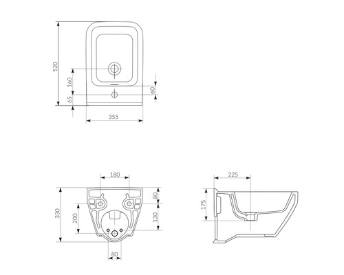 Technische Zeichnung eines Bidet mit Maßangaben.