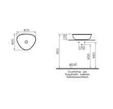 Schéma technique d''un lavabo à poser avec dimensions