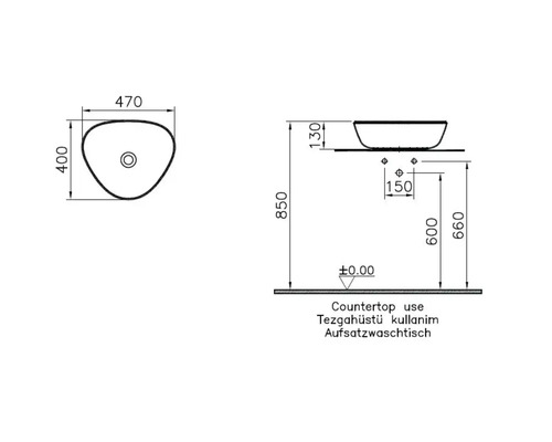 Dessin technique d''un lavabo à poser avec dimensions