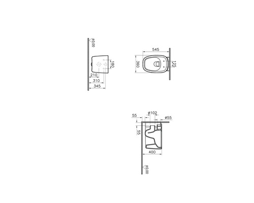 Technische Zeichnung eines Wand-WCs mit Maßangaben