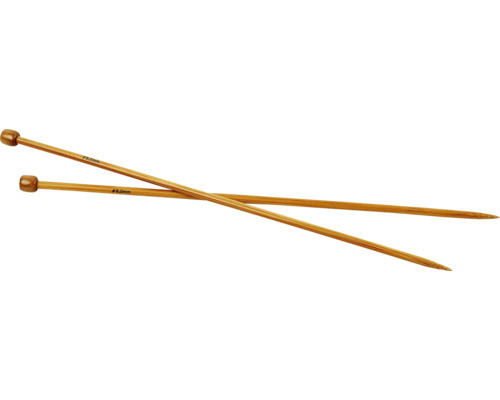 Zwei Stricknadeln aus Holz mit Grössenangabe