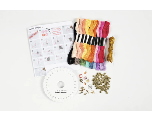 Bastelset zum Knüpfen von Freundschaftsbändern mit Garnen, Scheibe, Perlen und Anleitung
