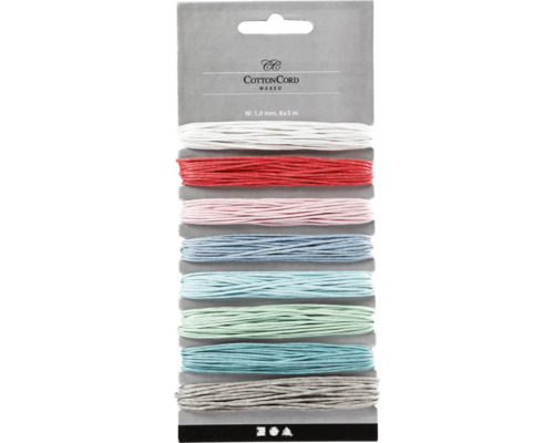 Corde en coton ciré, 1 millimètre x 5 mètres, lot de huit couleurs différentes