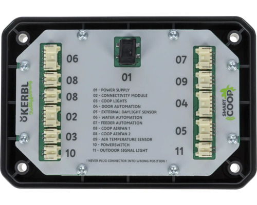 Kerbl SmartCoop Steuerungseinheit mit Anschlüssen für Stromversorgung, Konnektivitätsmodul, Hühnerstallbeleuchtung und mehr.