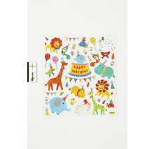 Aufkleberbogen mit Geburtstagsmotiven, darunter Tiere, Kuchen und Partydekorationen