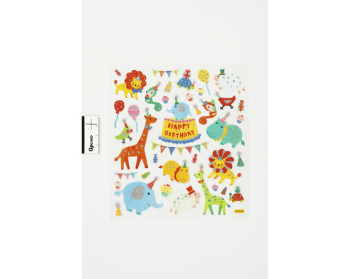 Aufkleberbogen mit Geburtstagsmotiven, darunter Tiere, Kuchen und Partydekorationen