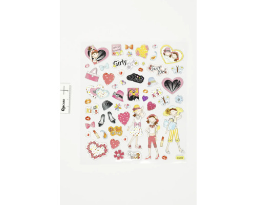 Aufkleberbogen mit Mädchenmotiven, Accessoires und Herzen