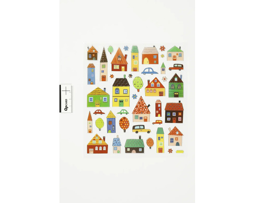 Aufkleberbogen mit Häusern, Bäumen und Autos
