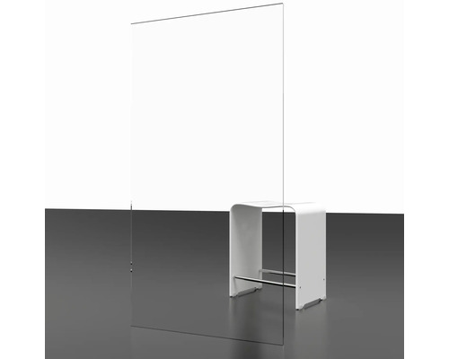 Paroi de protection transparente en verre à côté d''un tabouret.