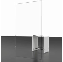 Écran transparent en verre acrylique à côté d''un tabouret blanc