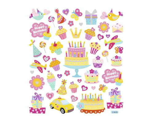 Aufkleberbogen mit Geburtstagssymbolen wie Kuchen, Geschenken und Partyhüten