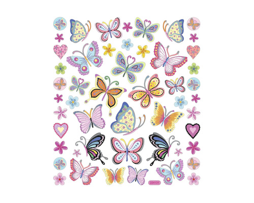 Autocollants décoratifs avec papillons, fleurs et cœurs pour des projets créatifs.